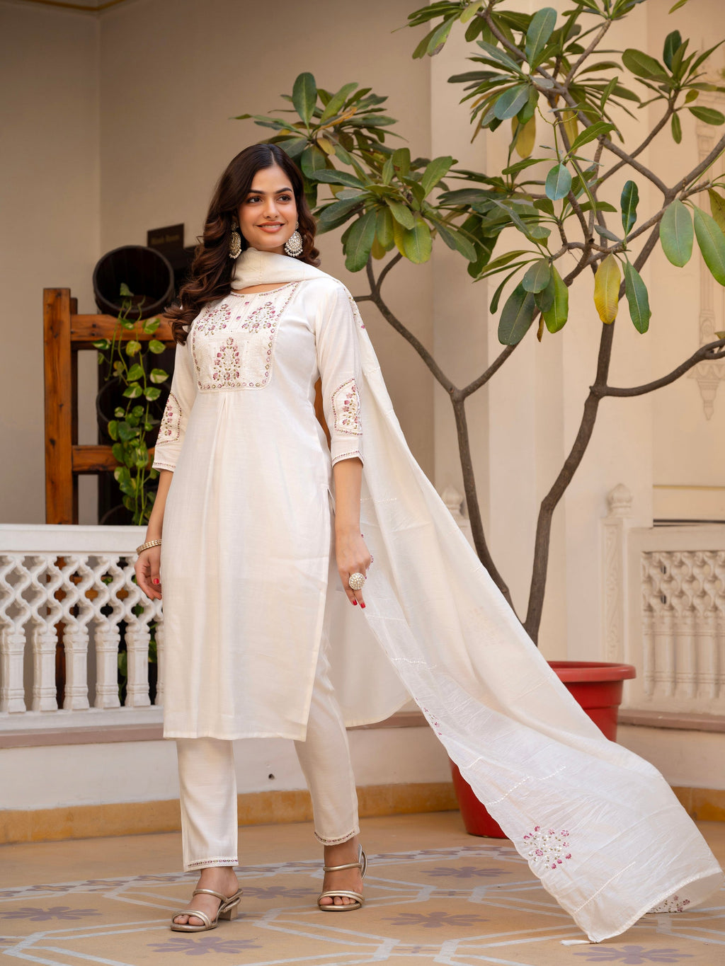 Lorenvalley Fashion White Viscose Mango Silk Multi Embroidery Sequins With Hand Work Kurta Pant Dupatta | Grocsy