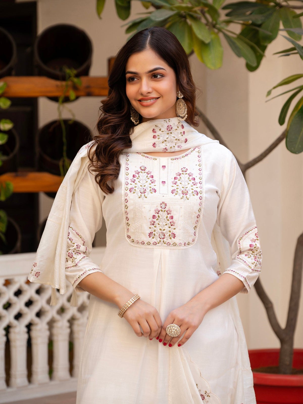 Lorenvalley Fashion White Viscose Mango Silk Multi Embroidery Sequins With Hand Work Kurta Pant Dupatta | Grocsy