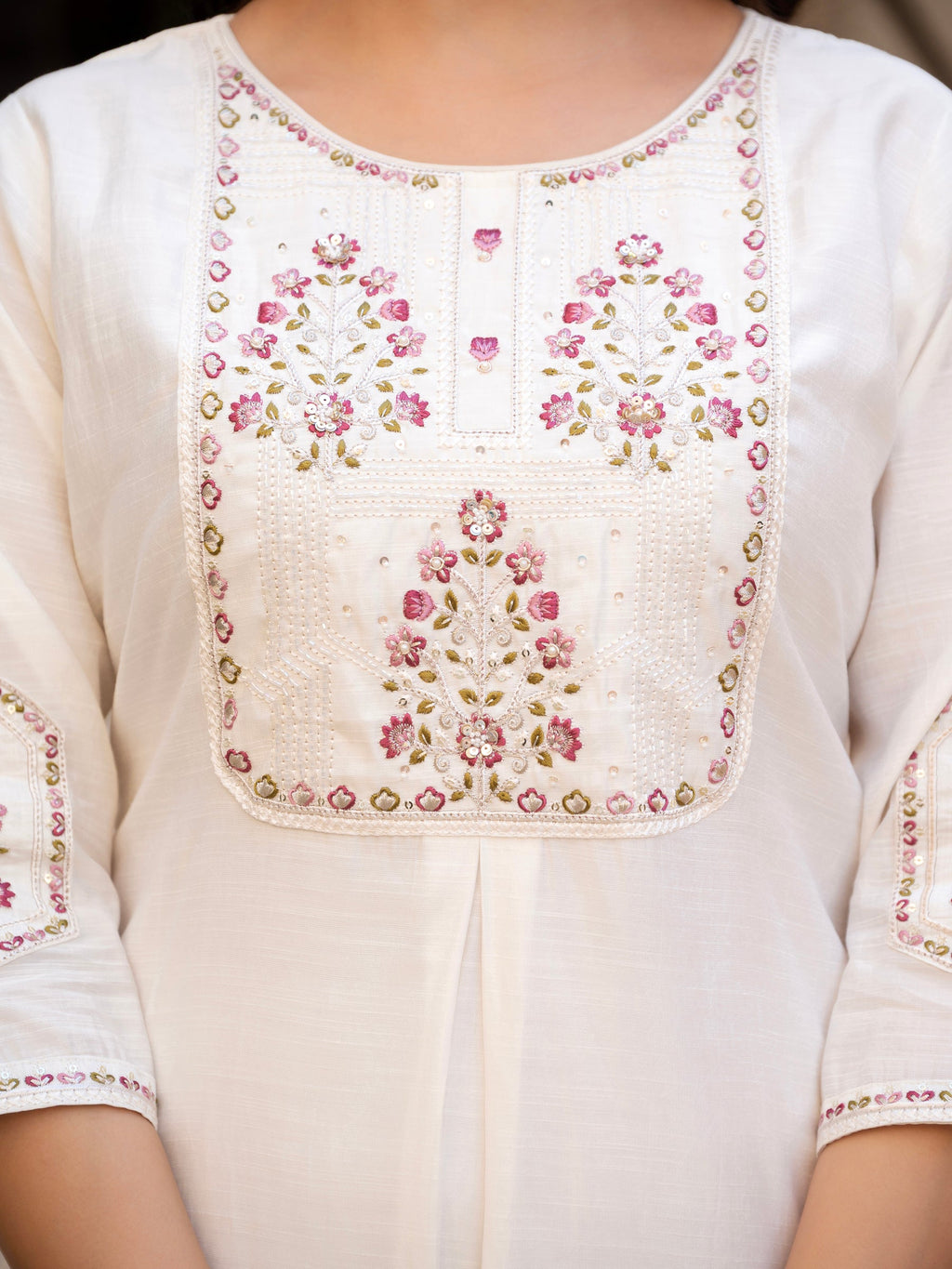 Lorenvalley Fashion White Viscose Mango Silk Multi Embroidery Sequins With Hand Work Kurta Pant Dupatta | Grocsy