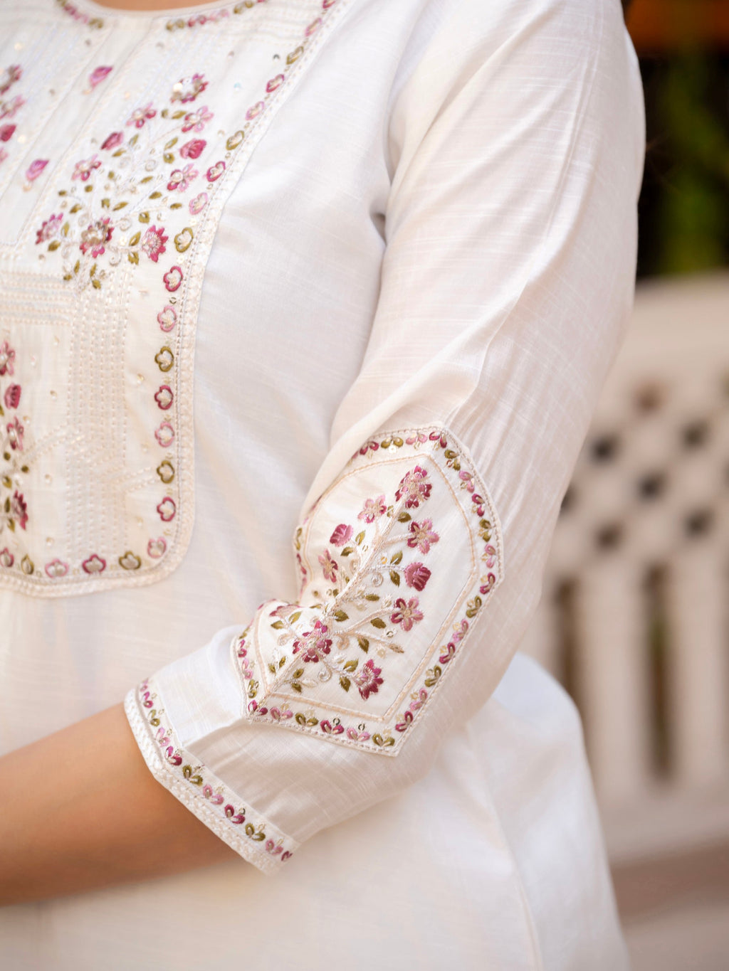 Lorenvalley Fashion White Viscose Mango Silk Multi Embroidery Sequins With Hand Work Kurta Pant Dupatta | Grocsy