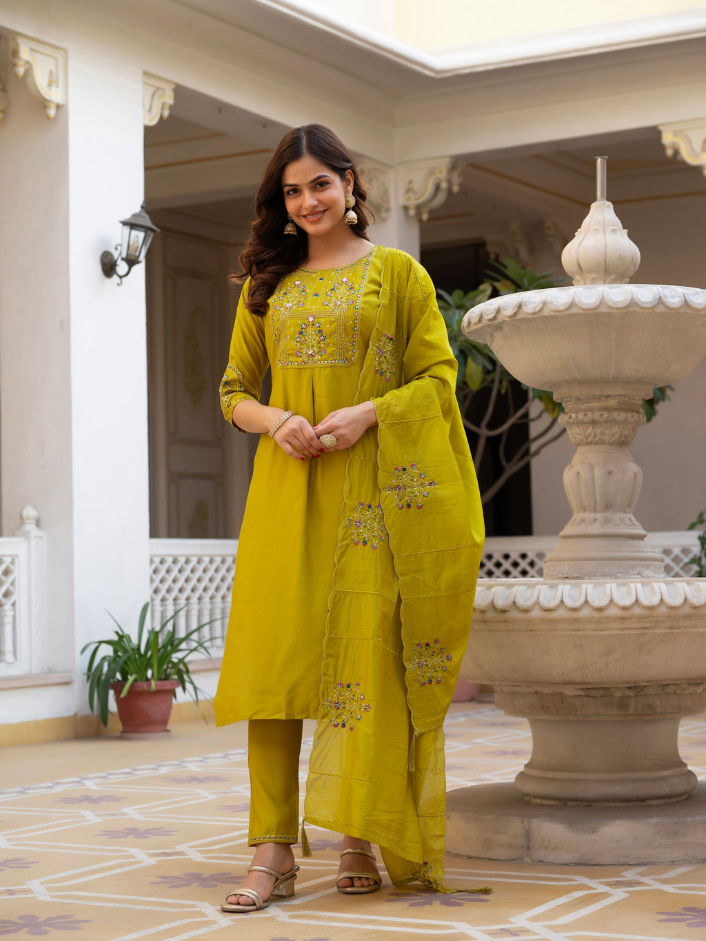 Lorenvalley Fashion Yellow Viscose Mango Silk Multi Embroidery Sequins With Hand Work Kurta Pant Dupatta | Grocsy