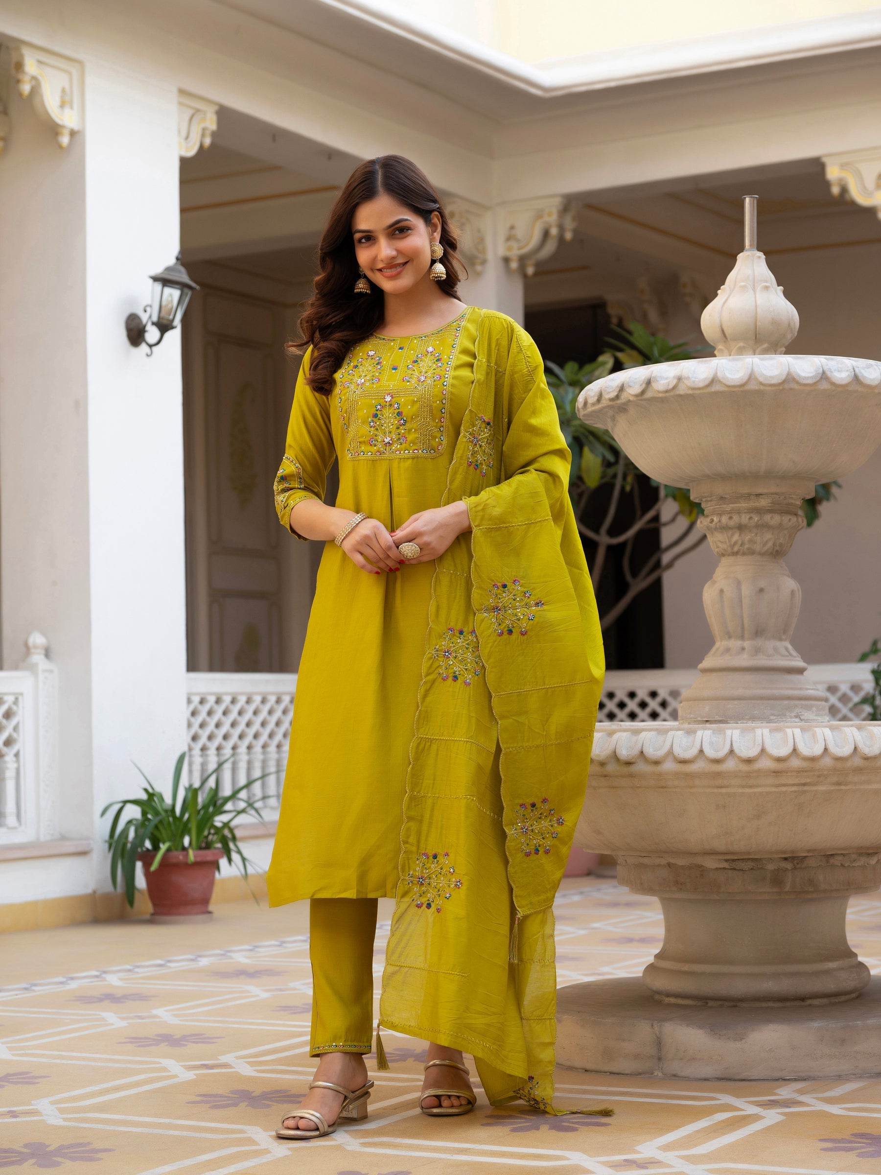 Lorenvalley Fashion Yellow Viscose Mango Silk Multi Embroidery Sequins With Hand Work Kurta Pant Dupatta | Grocsy