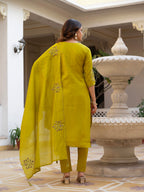 Lorenvalley Fashion Yellow Viscose Mango Silk Multi Embroidery Sequins With Hand Work Kurta Pant Dupatta | Grocsy