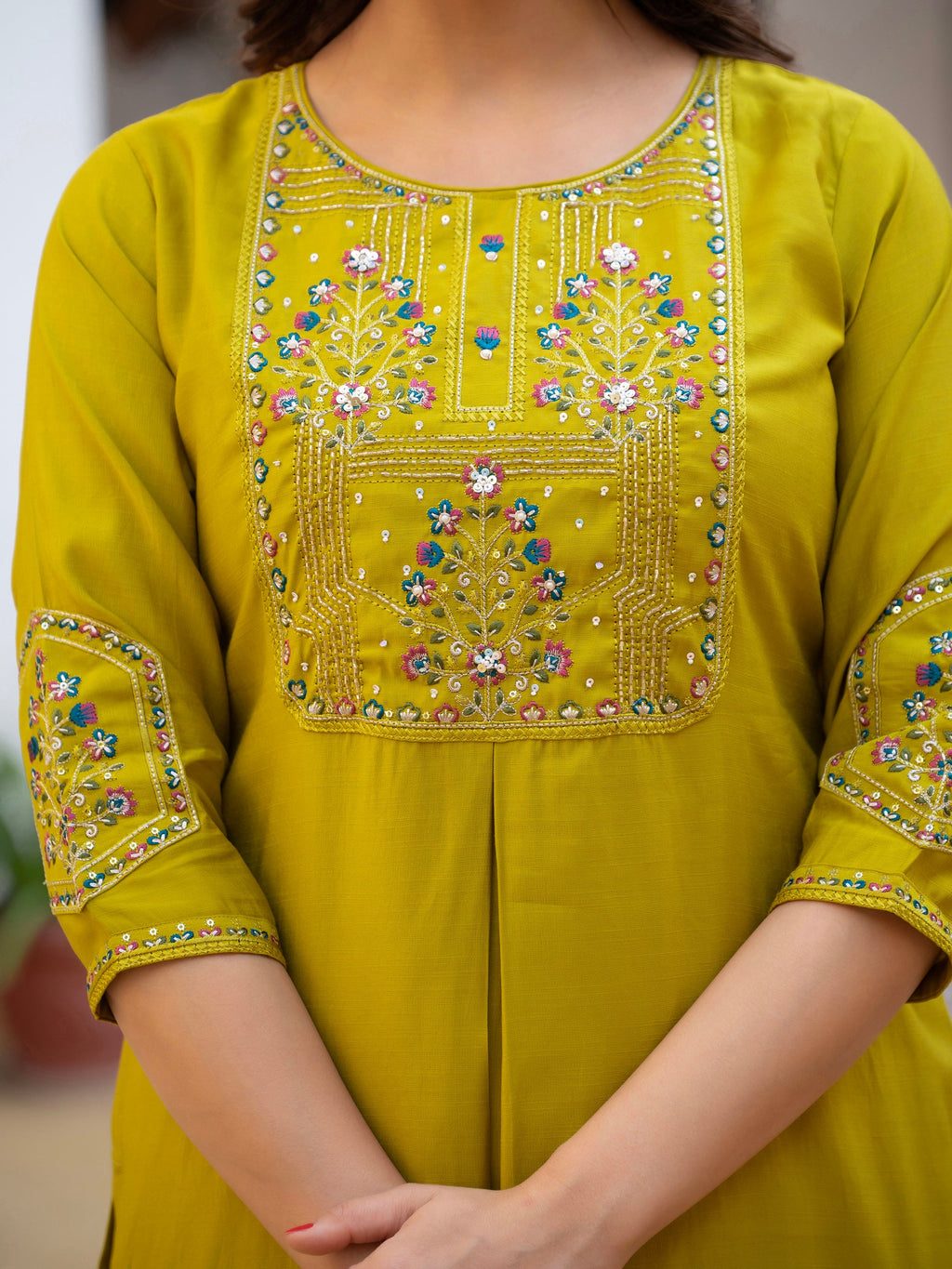 Lorenvalley Fashion Yellow Viscose Mango Silk Multi Embroidery Sequins With Hand Work Kurta Pant Dupatta | Grocsy