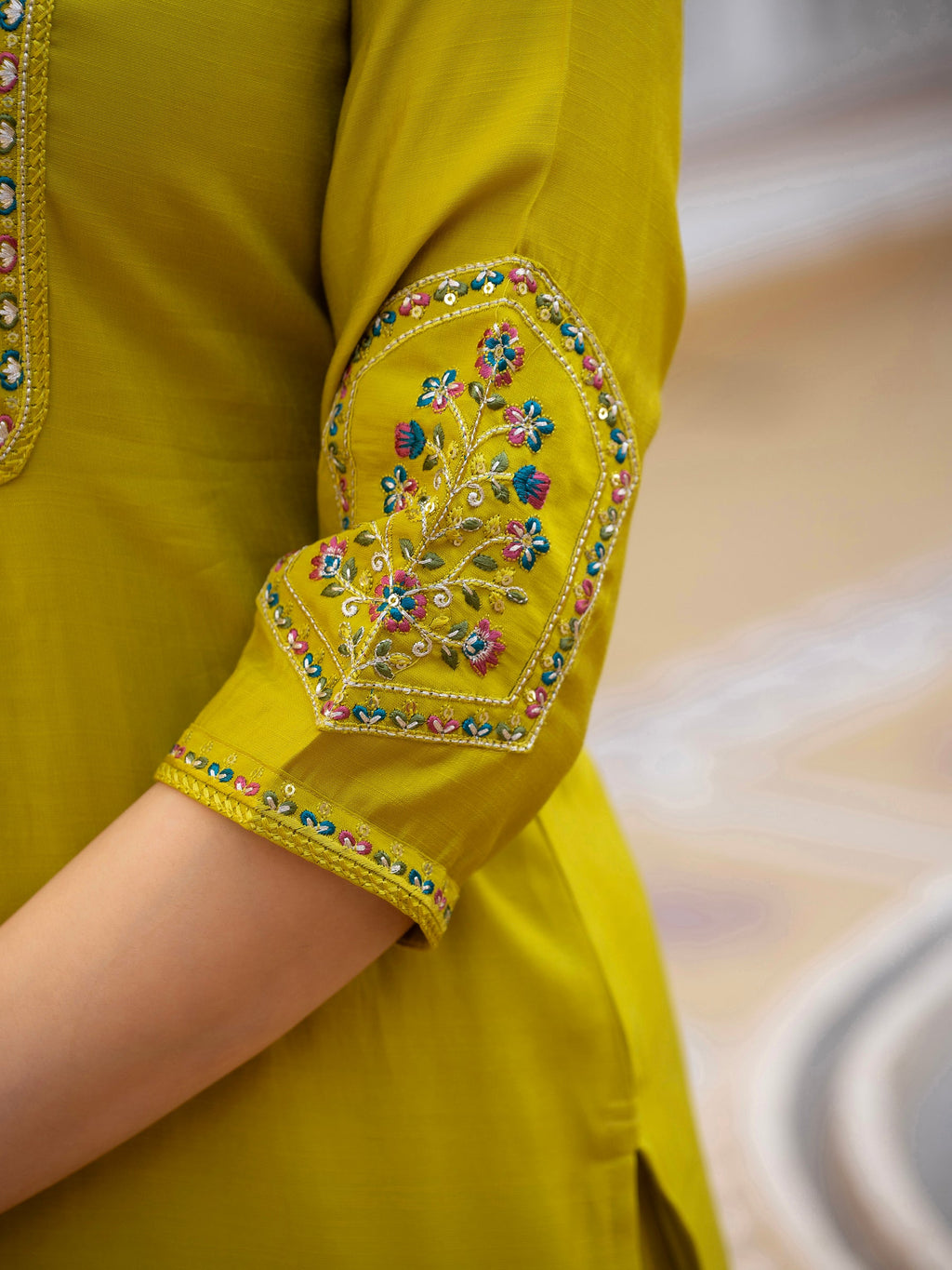 Lorenvalley Fashion Yellow Viscose Mango Silk Multi Embroidery Sequins With Hand Work Kurta Pant Dupatta | Grocsy
