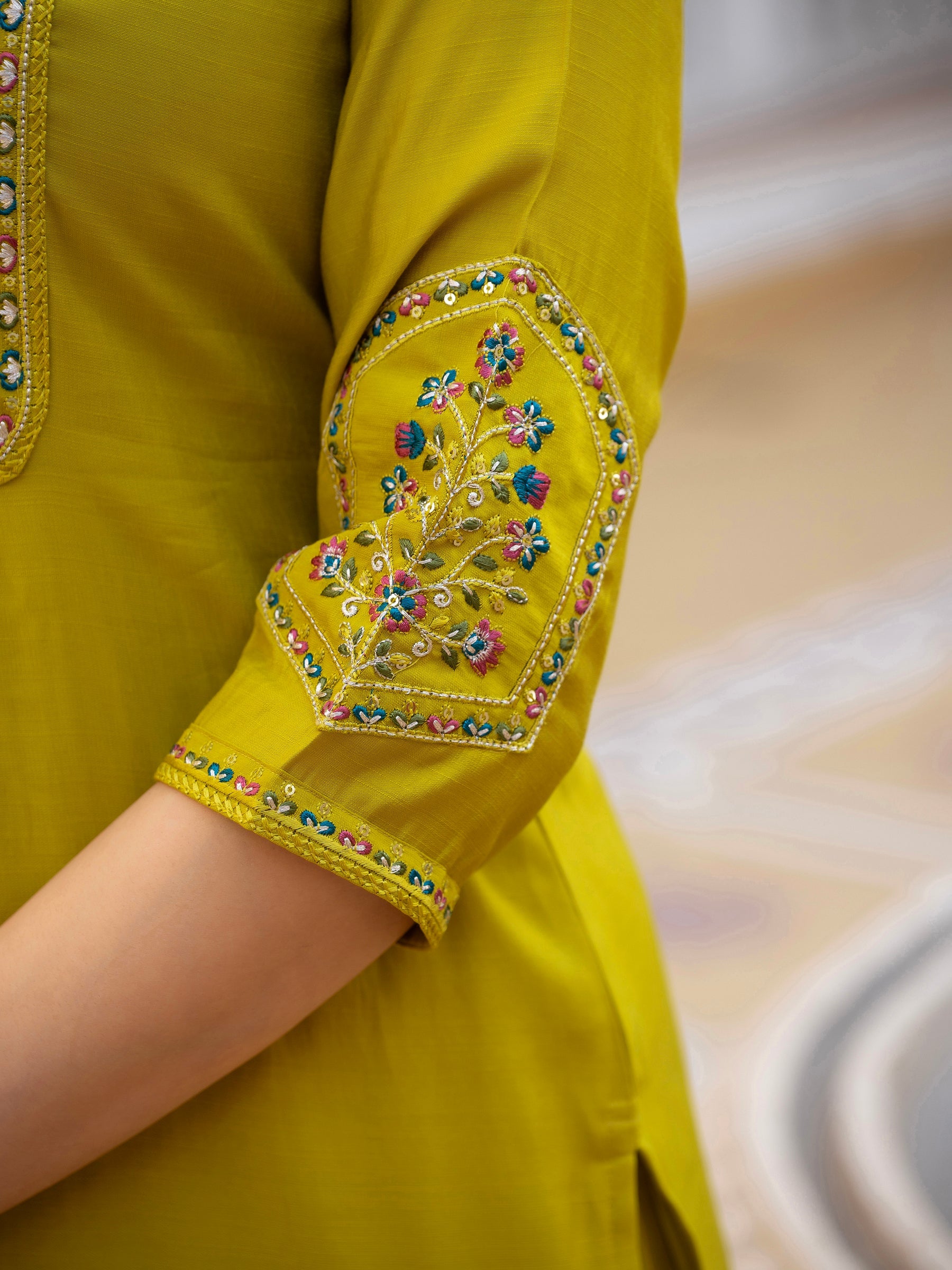 Lorenvalley Fashion Yellow Viscose Mango Silk Multi Embroidery Sequins With Hand Work Kurta Pant Dupatta | Grocsy