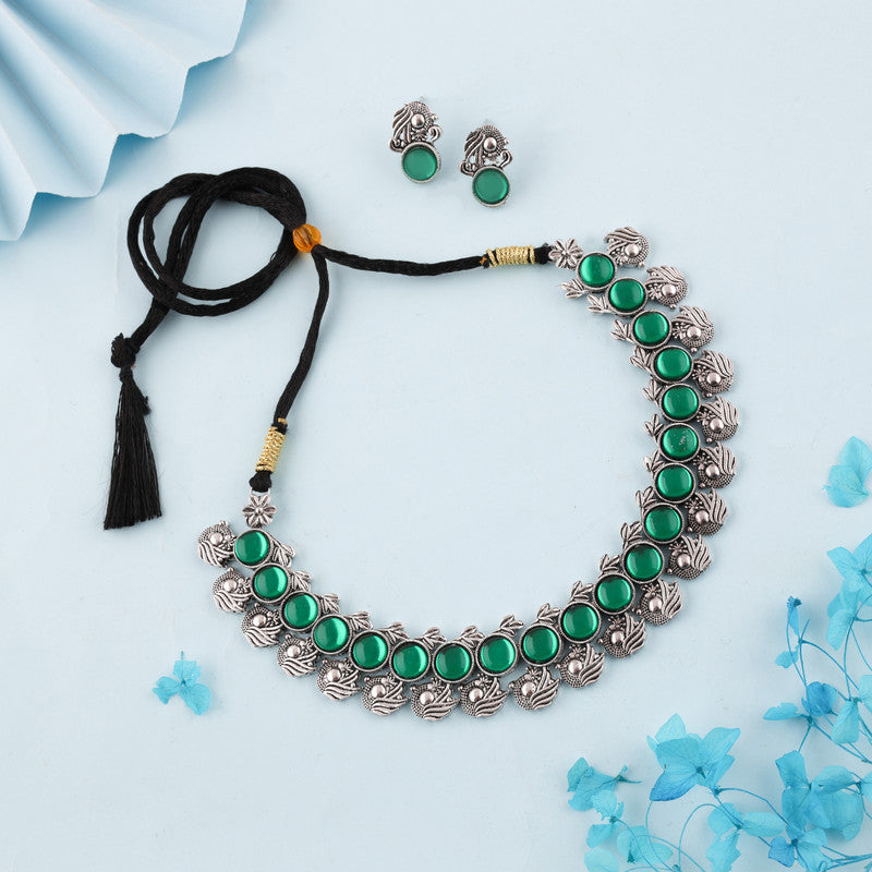 Tehzeeb Creations Silver Plated Green Colour Stone Jewellery Choker Necklace Set With Matching Pair of Stud Earrings | Grocsy