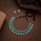 Tehzeeb Creations Silver Plated Green Colour Stone Jewellery Choker Necklace Set With Matching Pair of Stud Earrings | Grocsy