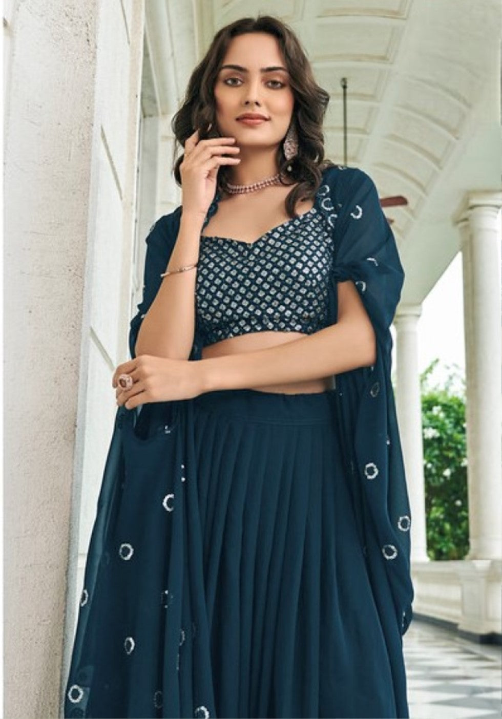 Anaita Teal Blue Georgette Stitched Lehenga Choli With Sequence & Thread Work | Grocsy