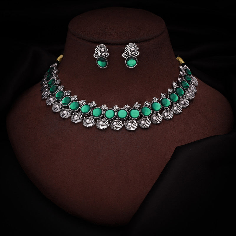 Tehzeeb Creations Silver Plated Green Colour Stone Jewellery Choker Necklace Set With Matching Pair of Stud Earrings | Grocsy