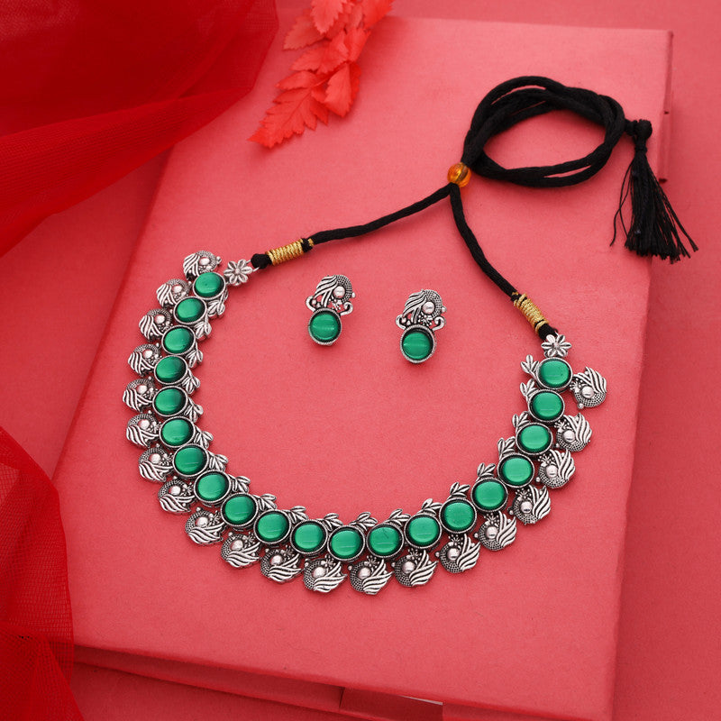 Tehzeeb Creations Silver Plated Green Colour Stone Jewellery Choker Necklace Set With Matching Pair of Stud Earrings | Grocsy