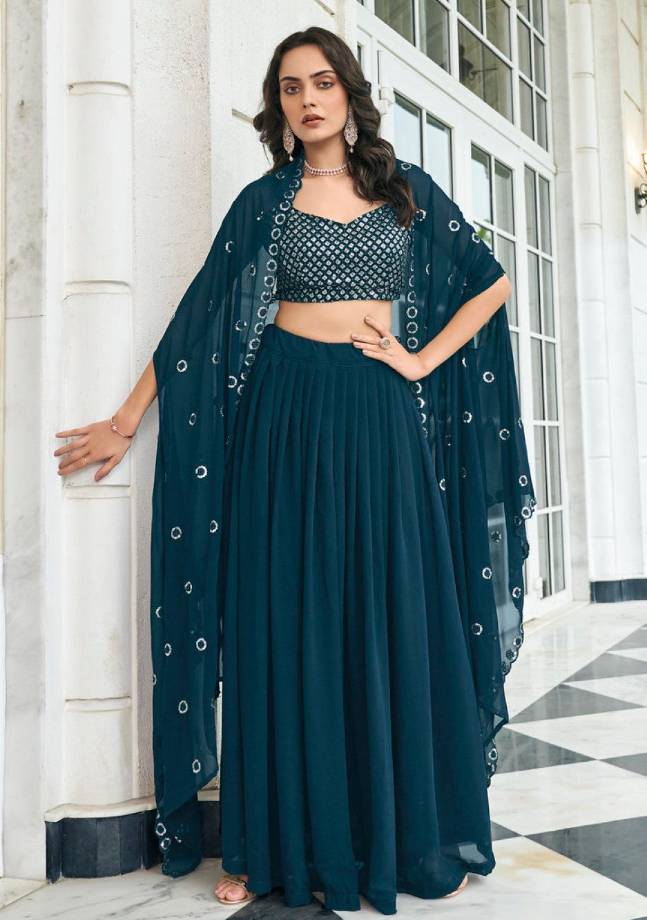 Anaita Teal Blue Georgette Stitched Lehenga Choli With Sequence & Thread Work | Grocsy