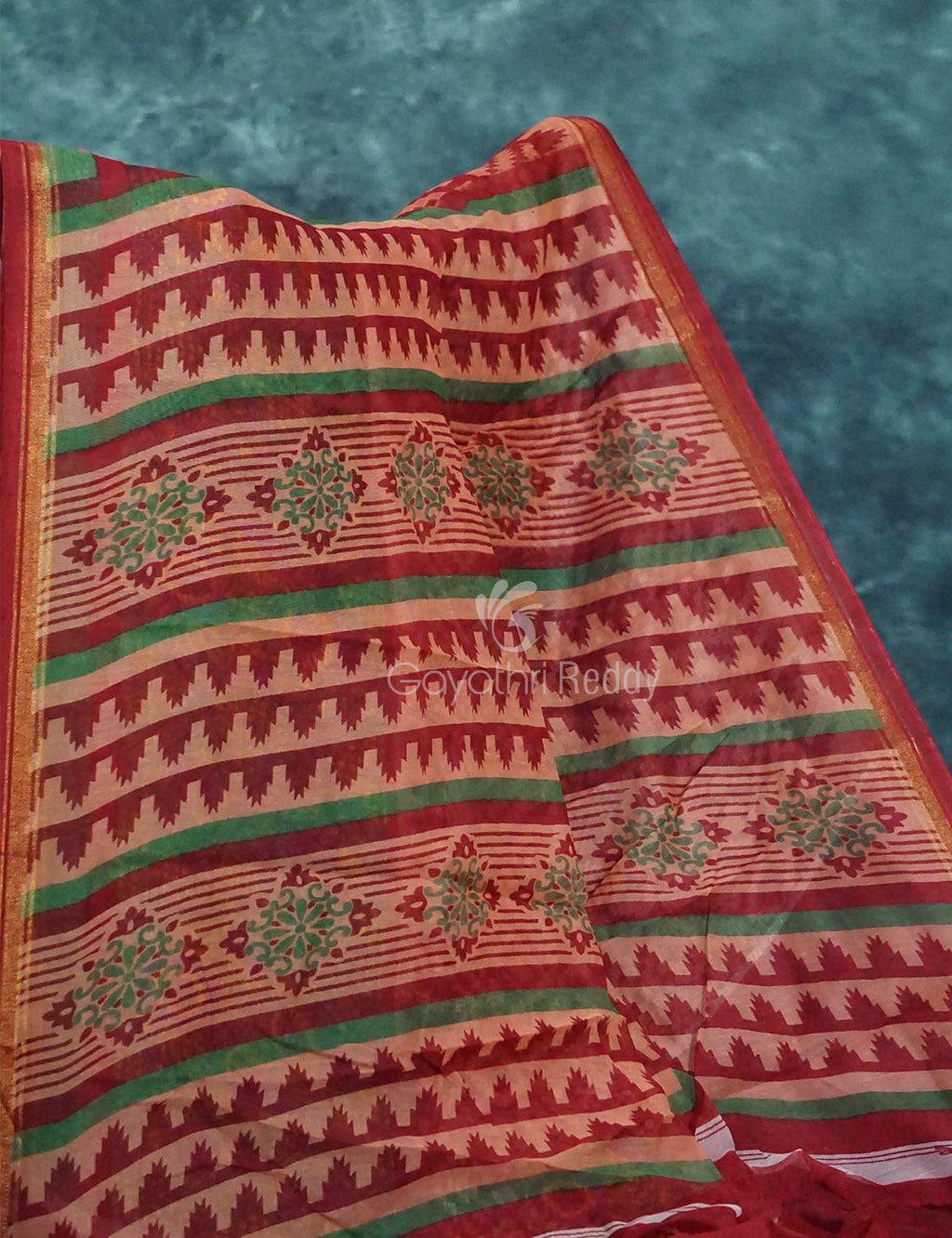 Mix of Orange and Teracotta Red Printed Semi Chanderi Saree By Gayathri Reddy Designer Studio | Grocsy