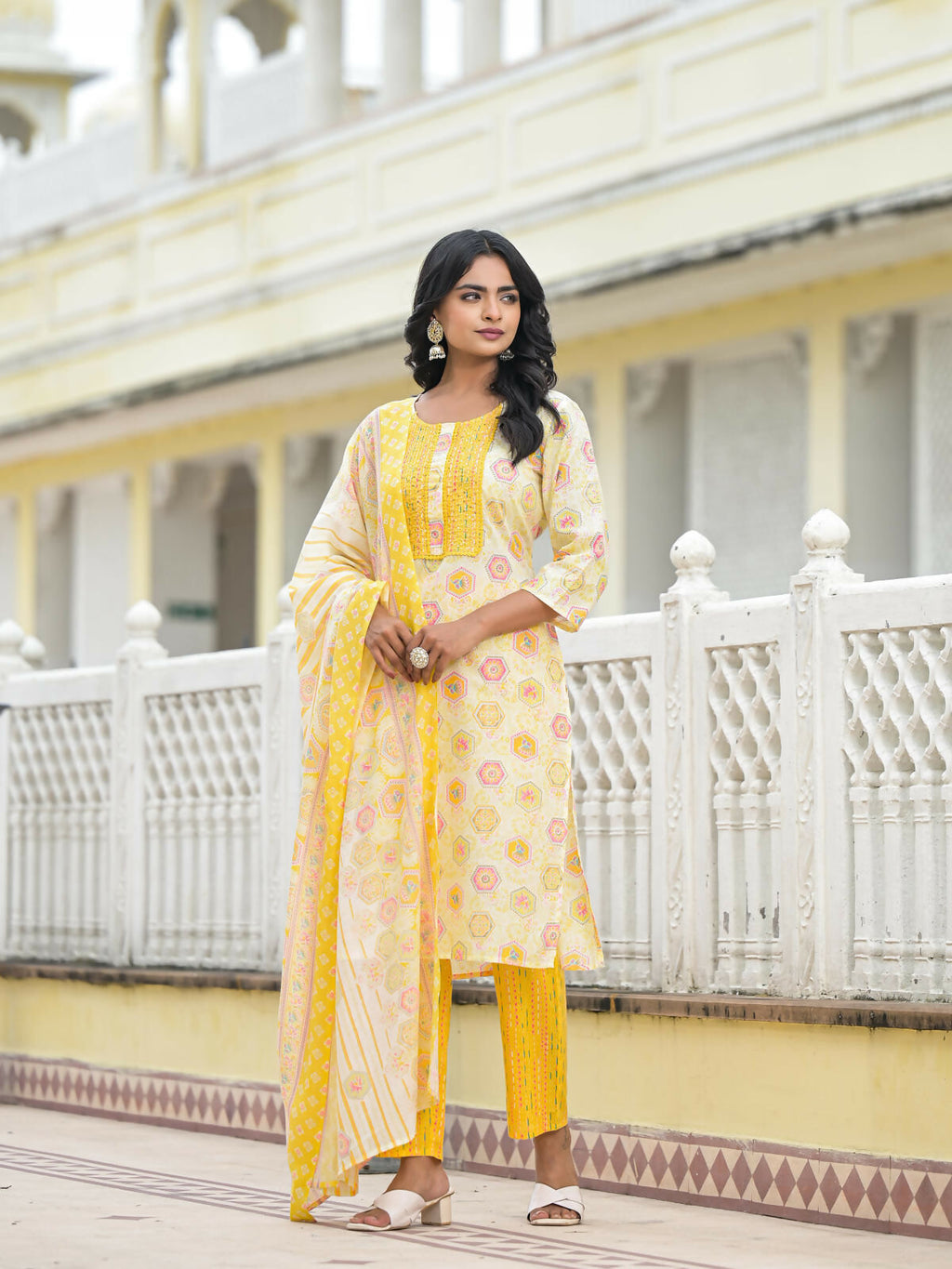 Juniper Women's Yellow Floral Printed Cotton Kurta Pant With Dupatta Set With Sequins & Thread Work | Grocsy
