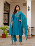 Vedant Vastram Viscose Silk Embroidery & Sequence Work Stitched Salwar Suit Set-Firozi | Grocsy