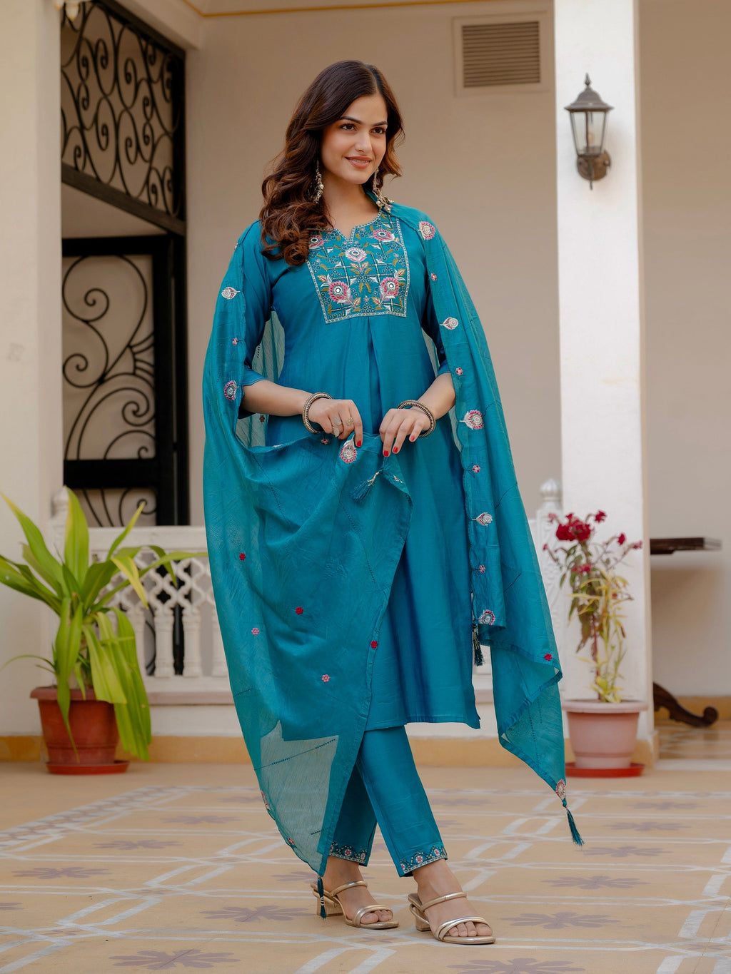 Vedant Vastram Viscose Silk Embroidery & Sequence Work Stitched Salwar Suit Set-Firozi | Grocsy