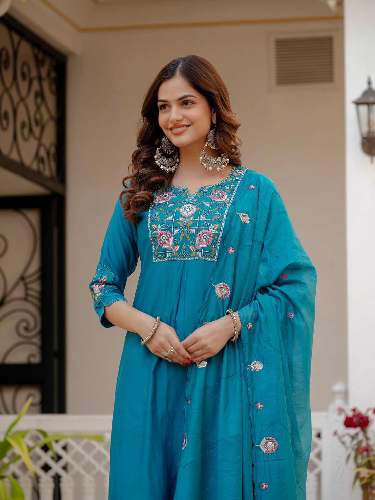 Vedant Vastram Viscose Silk Embroidery & Sequence Work Stitched Salwar Suit Set-Firozi | Grocsy