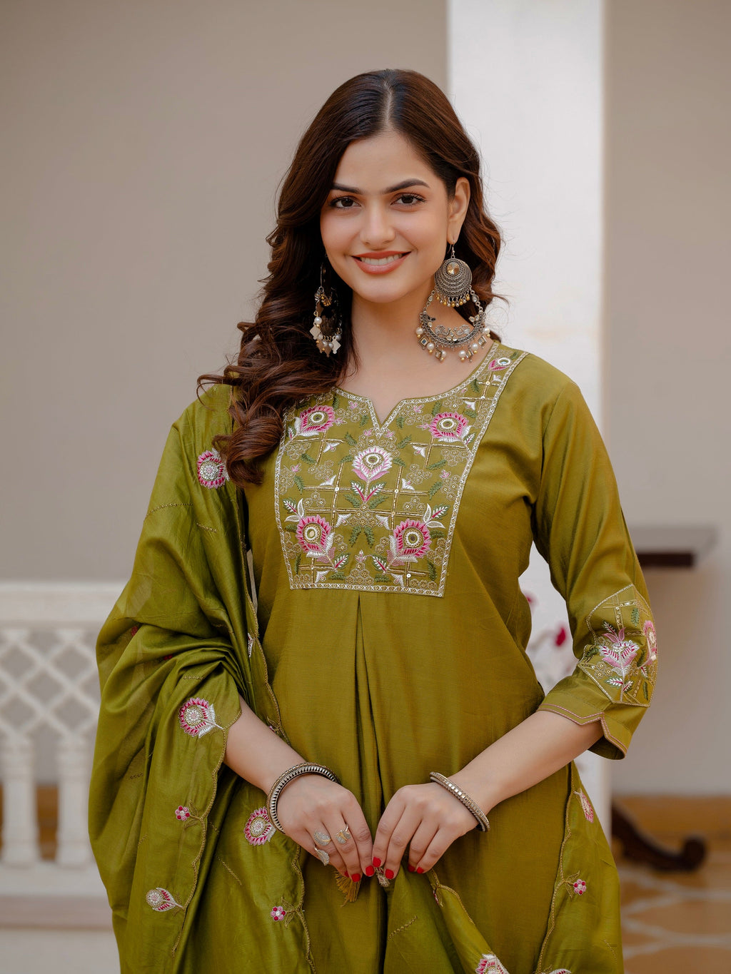 Vedant Vastram Viscose Silk Embroidery & Sequence Work Stitched Salwar Suit Set-Mehandi | Grocsy