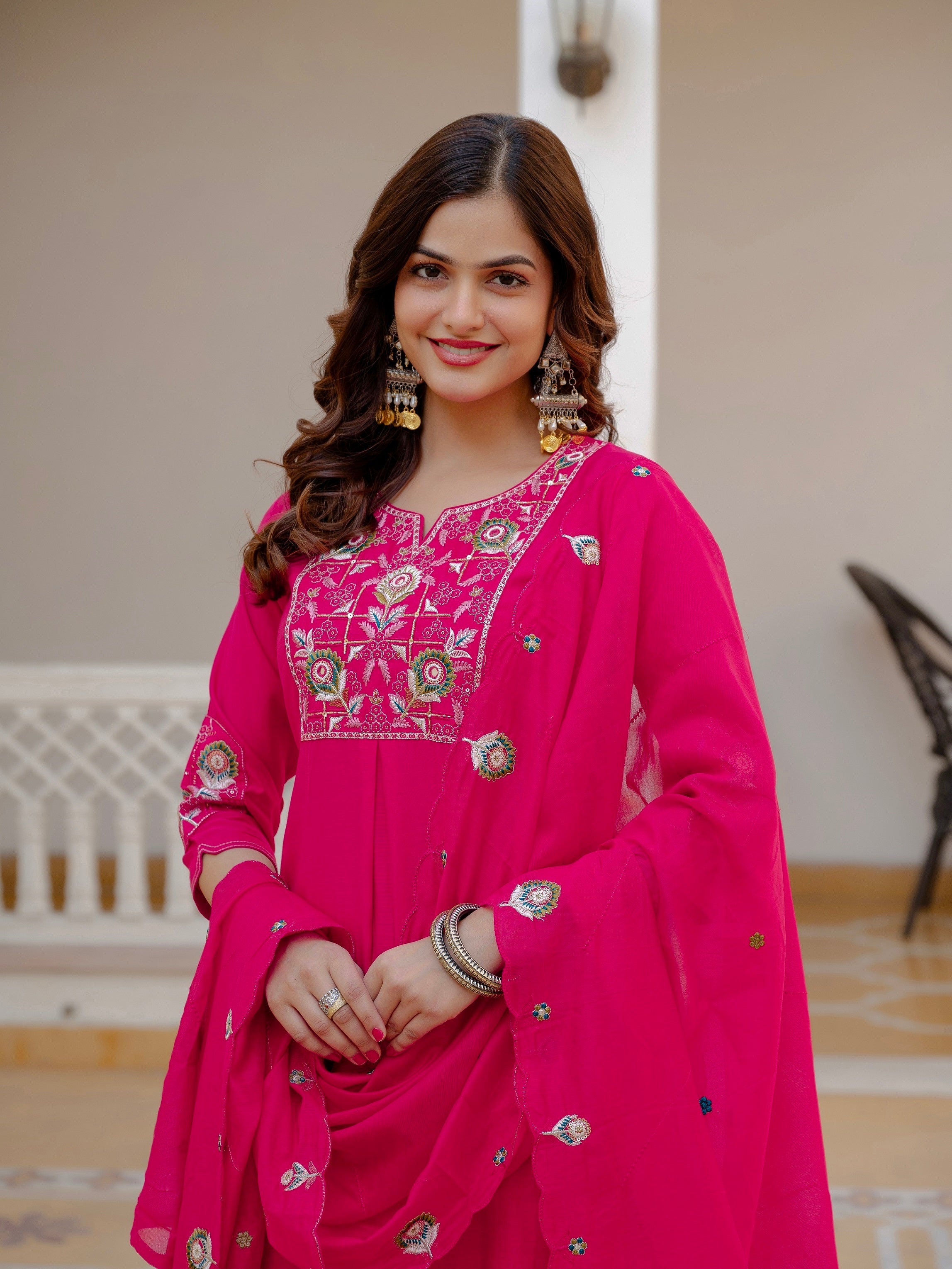 Vedant Vastram Viscose Silk Embroidery & Sequence Work Stitched Salwar Suit Set-Pink | Grocsy