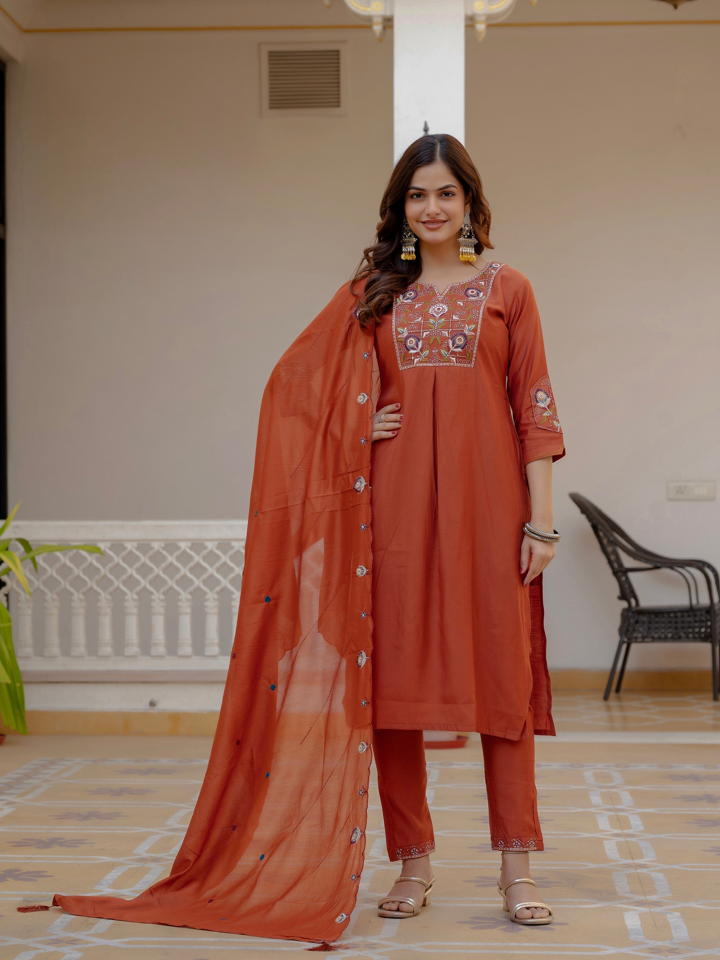 Vedant Vastram Viscose Silk Embroidery & Sequence Work Stitched Salwar Suit Set-Rust | Grocsy