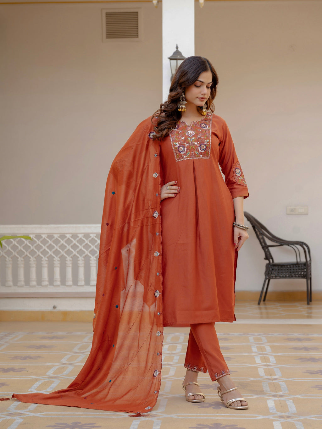 Vedant Vastram Viscose Silk Embroidery & Sequence Work Stitched Salwar Suit Set-Rust | Grocsy