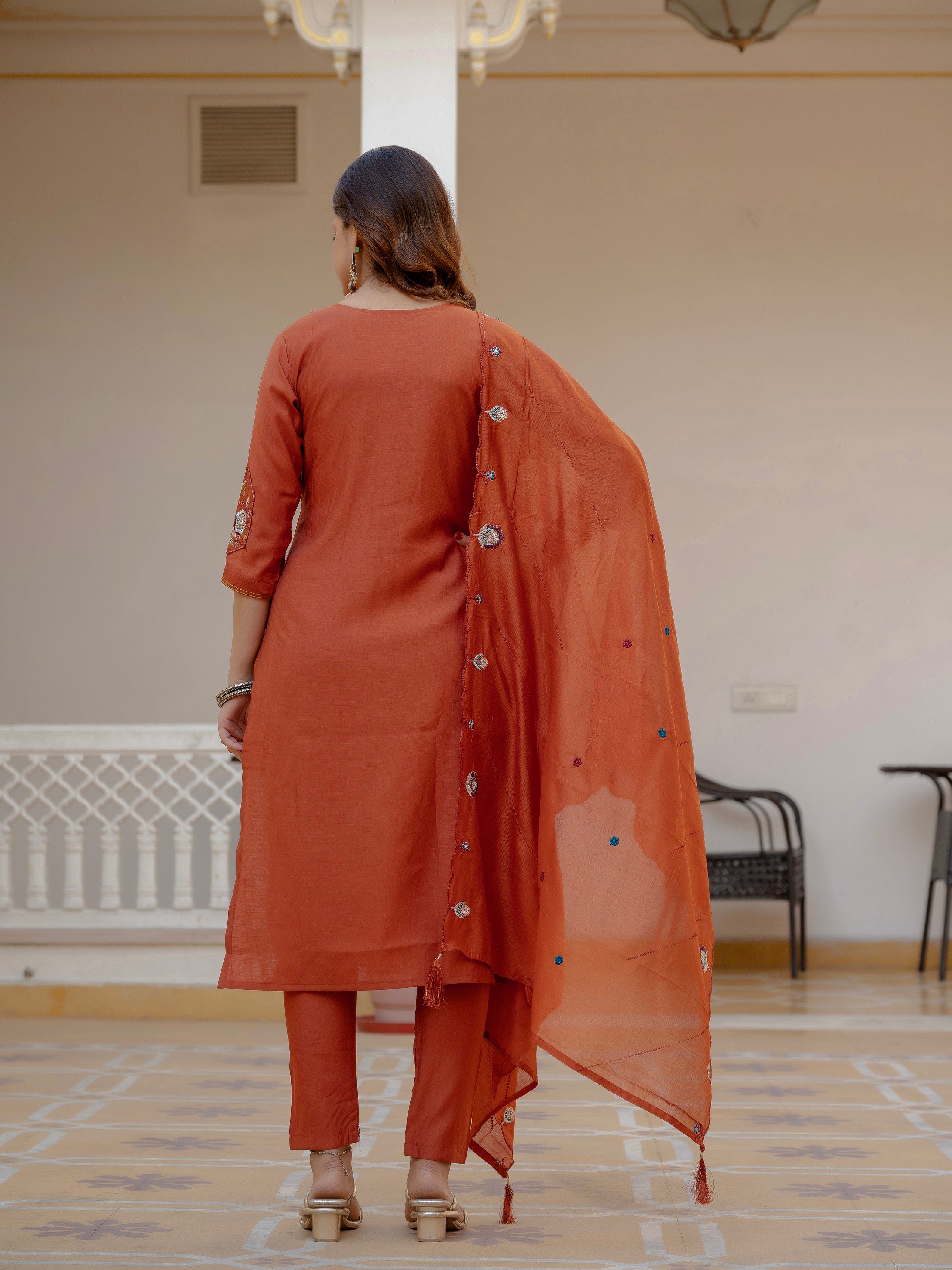 Vedant Vastram Viscose Silk Embroidery & Sequence Work Stitched Salwar Suit Set-Rust | Grocsy