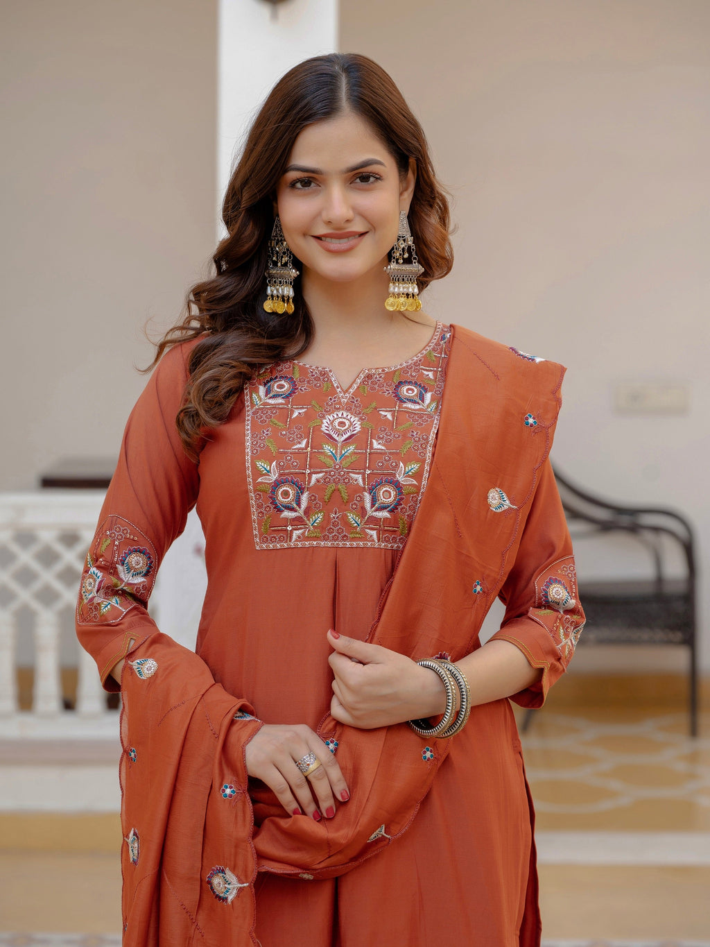 Vedant Vastram Viscose Silk Embroidery & Sequence Work Stitched Salwar Suit Set-Rust | Grocsy