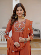 Vedant Vastram Viscose Silk Embroidery & Sequence Work Stitched Salwar Suit Set-Rust | Grocsy