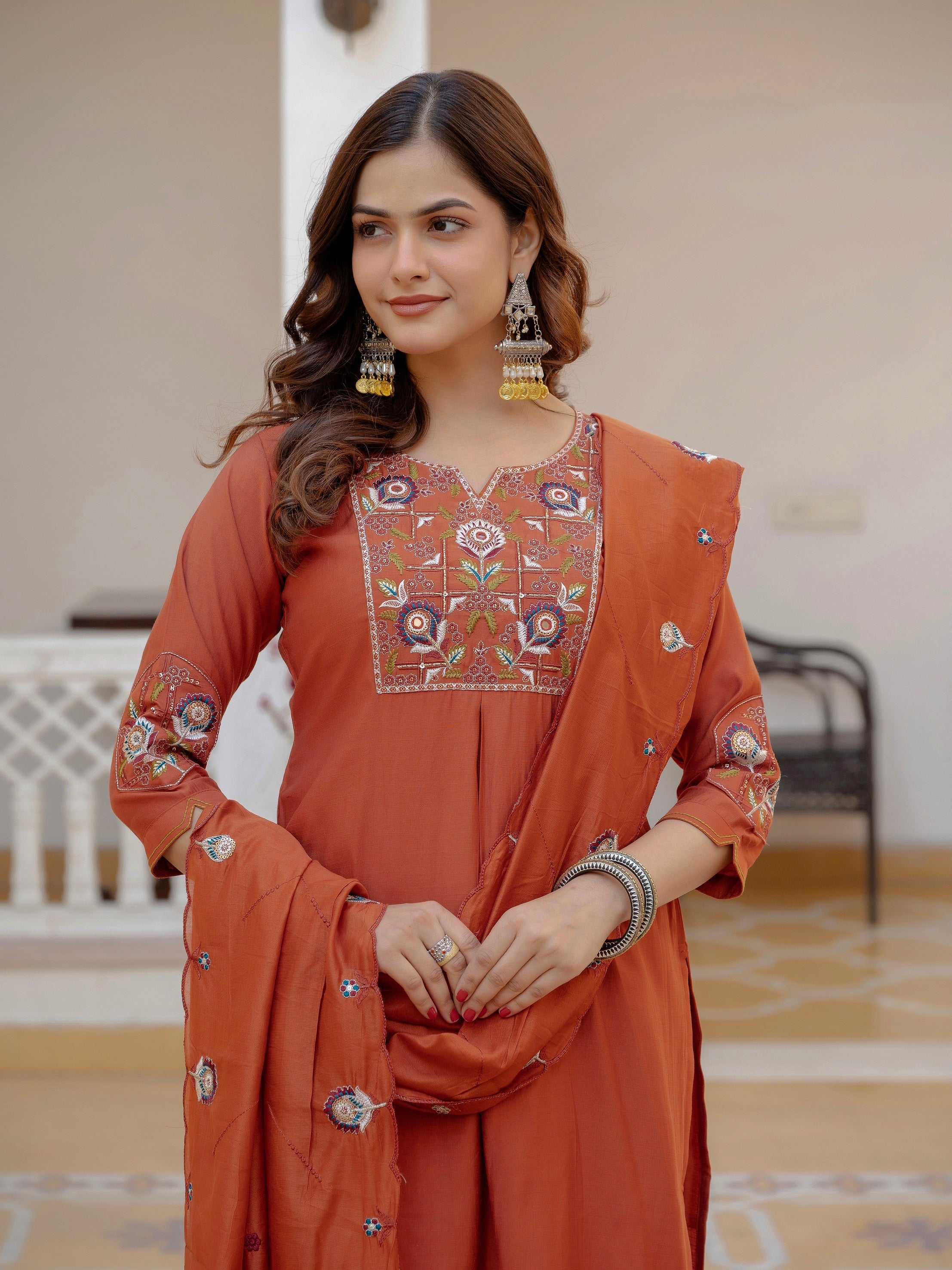 Vedant Vastram Viscose Silk Embroidery & Sequence Work Stitched Salwar Suit Set-Rust | Grocsy
