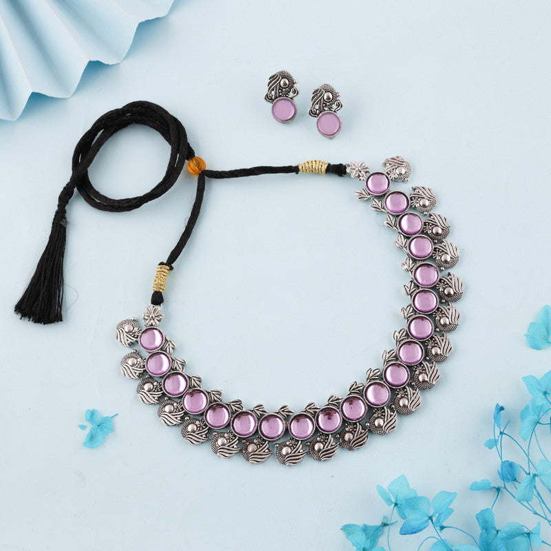 Tehzeeb Creations Silver Plated Lavender Colour Stone Jewellery Choker Necklace Set With Matching Pair of Stud Earrings | Grocsy