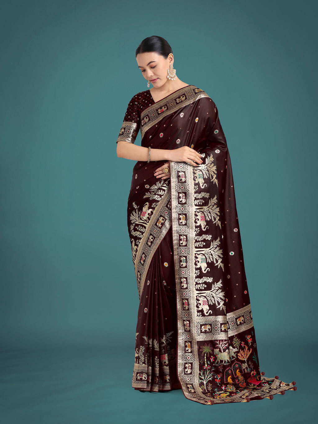 Monjolika Fashion Gorgeous Maroon Woven Banarasi Designer Satin Silk Saree | Grocsy