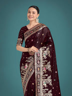 Monjolika Fashion Gorgeous Maroon Woven Banarasi Designer Satin Silk Saree | Grocsy