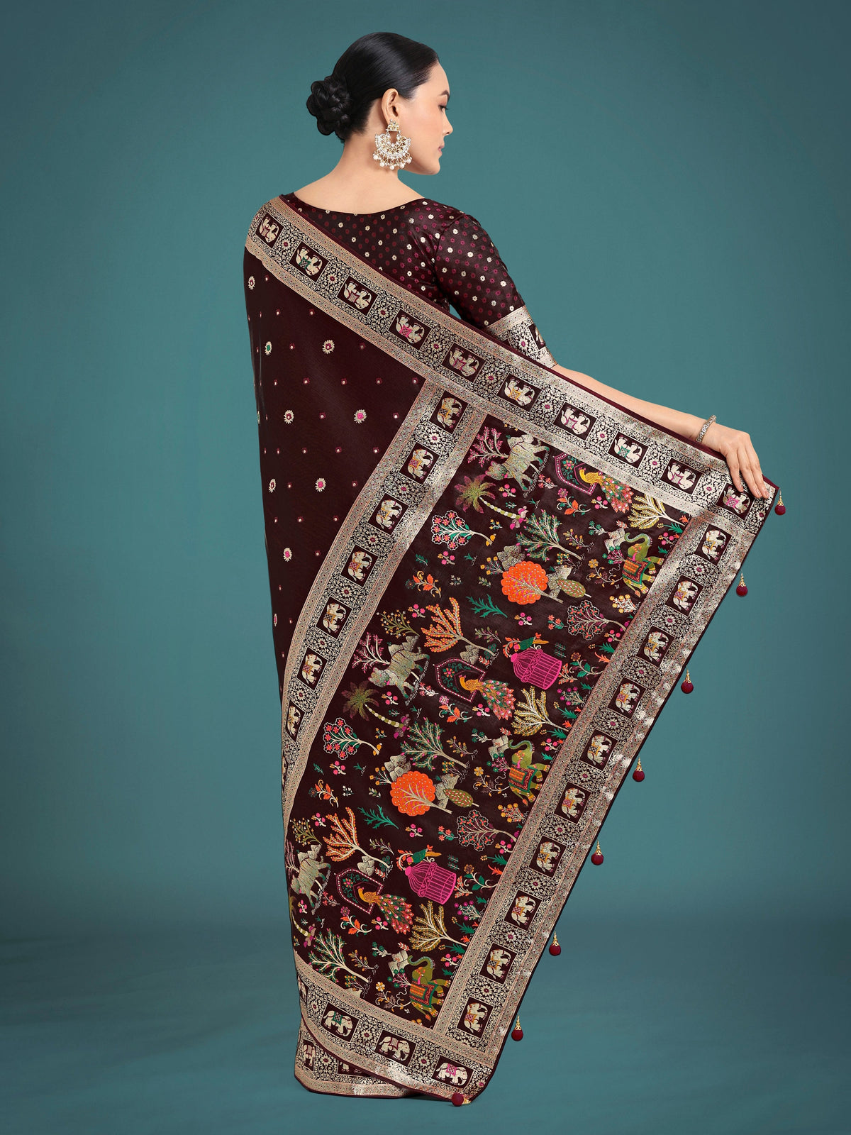 Monjolika Fashion Gorgeous Maroon Woven Banarasi Designer Satin Silk Saree | Grocsy