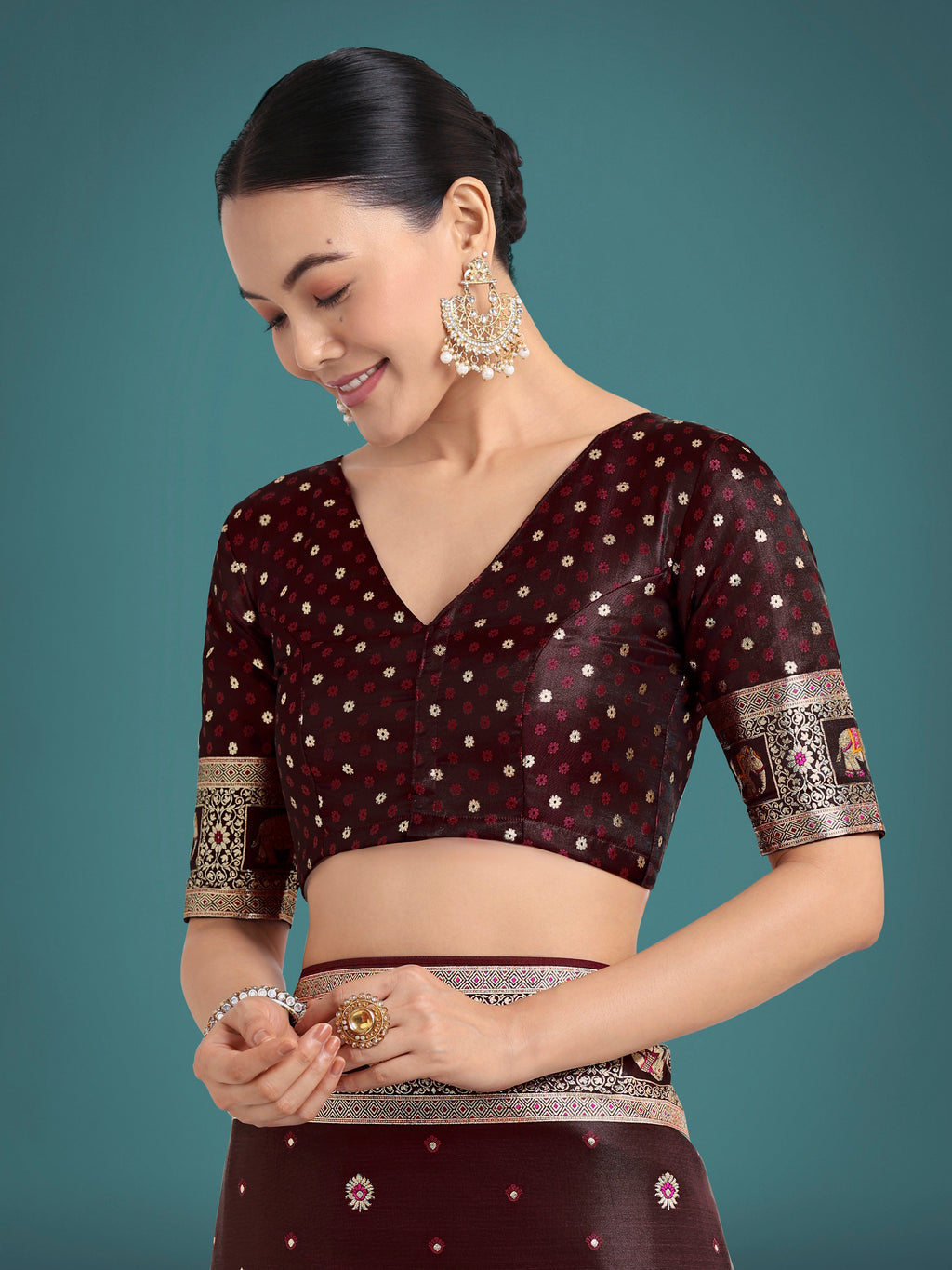 Monjolika Fashion Gorgeous Maroon Woven Banarasi Designer Satin Silk Saree | Grocsy