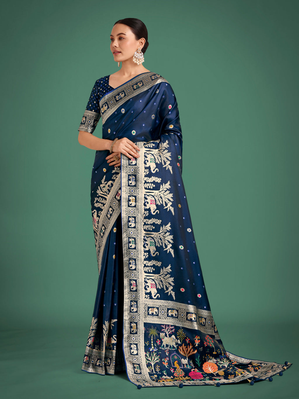 Monjolika Fashion Gorgeous Blue Woven Banarasi Designer Satin Silk Saree | Grocsy