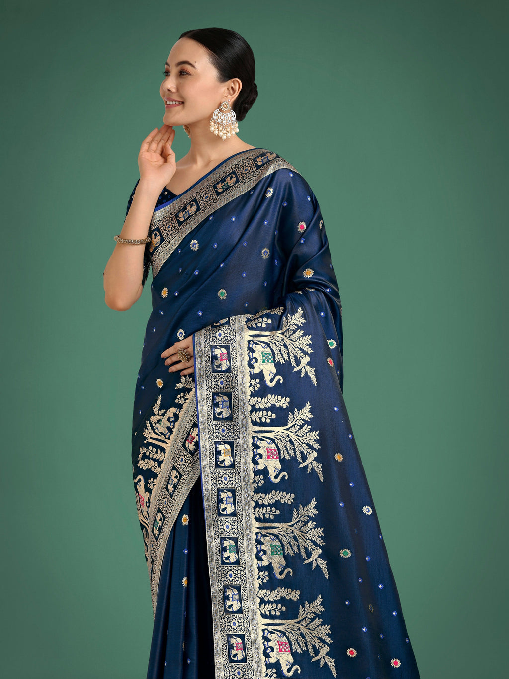 Monjolika Fashion Gorgeous Blue Woven Banarasi Designer Satin Silk Saree | Grocsy