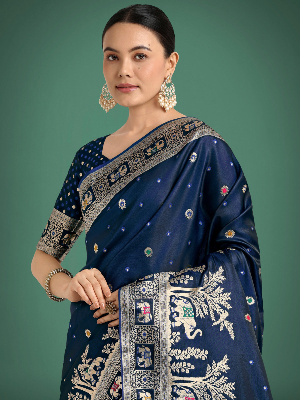 Monjolika Fashion Gorgeous Blue Woven Banarasi Designer Satin Silk Saree | Grocsy