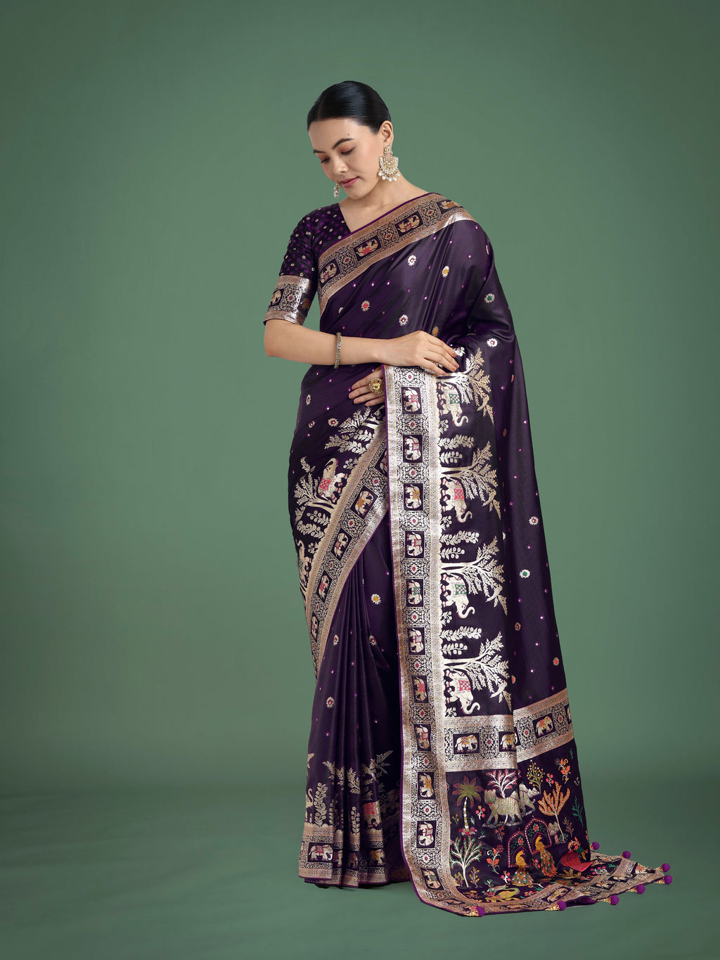 Monjolika Fashion Gorgeous Purple Woven Banarasi Designer Satin Silk Saree | Grocsy