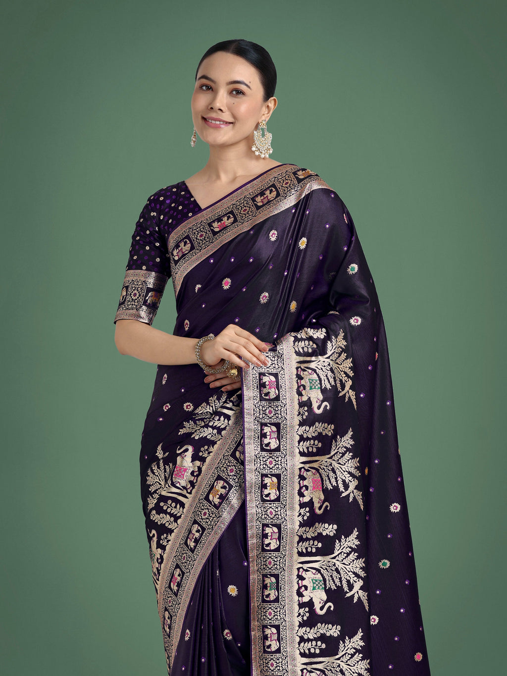 Monjolika Fashion Gorgeous Purple Woven Banarasi Designer Satin Silk Saree | Grocsy