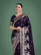 Monjolika Fashion Gorgeous Purple Woven Banarasi Designer Satin Silk Saree | Grocsy