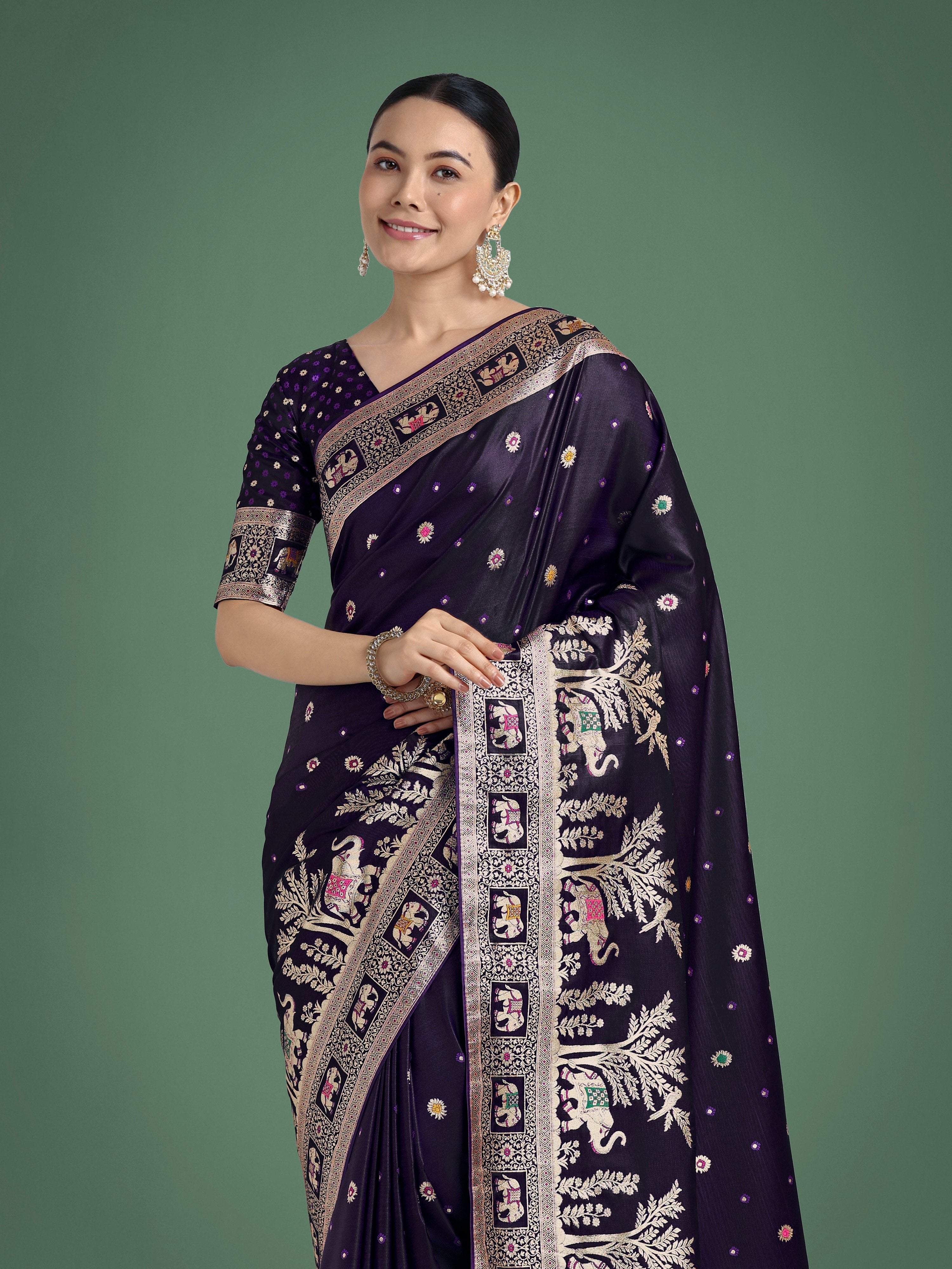 Monjolika Fashion Gorgeous Purple Woven Banarasi Designer Satin Silk Saree | Grocsy