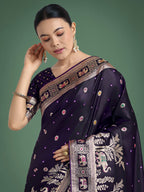 Monjolika Fashion Gorgeous Purple Woven Banarasi Designer Satin Silk Saree | Grocsy
