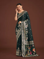 Monjolika Fashion Gorgeous Dark Green Woven Banarasi Designer Satin Silk Saree | Grocsy