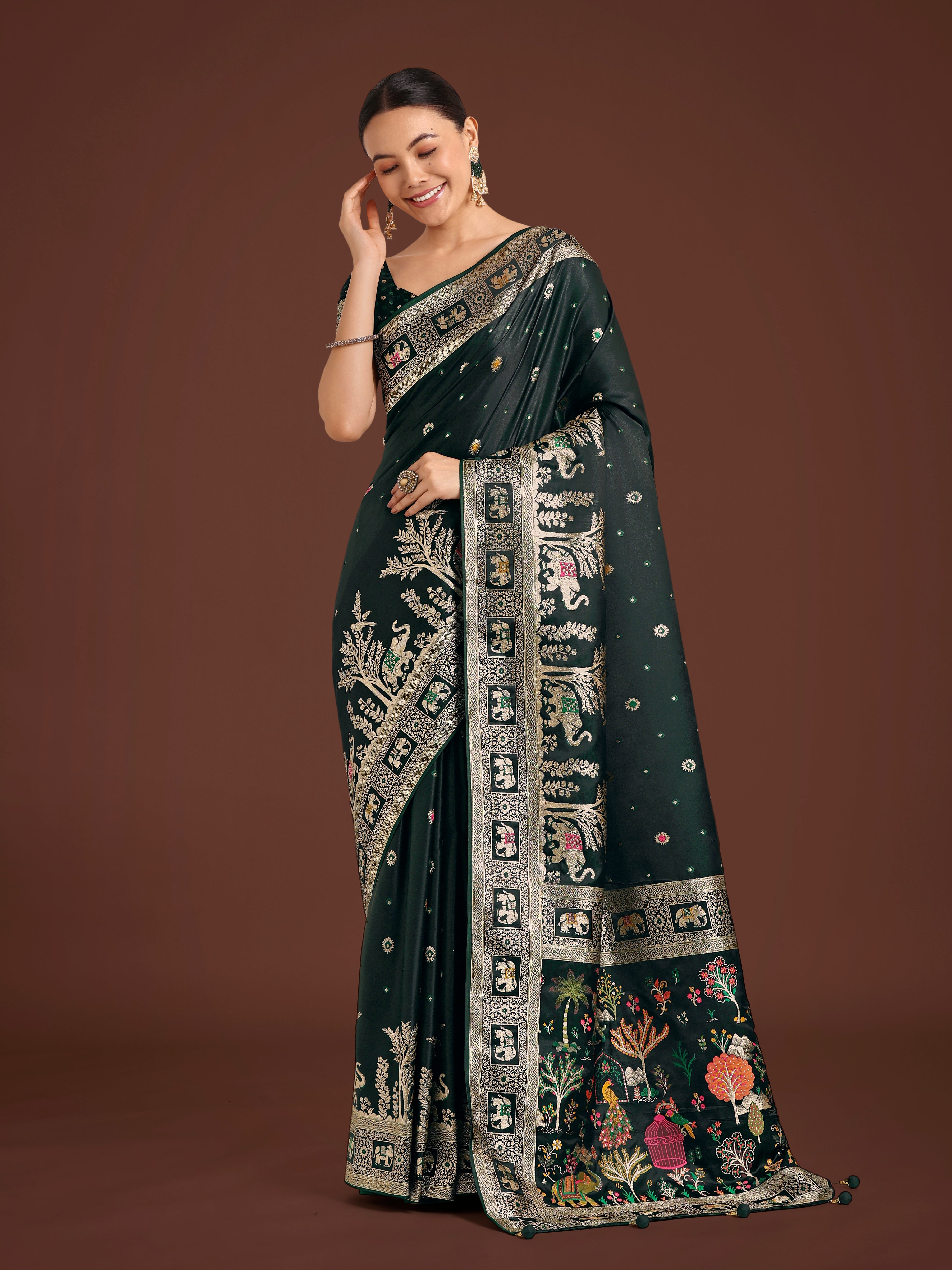 Monjolika Fashion Gorgeous Dark Green Woven Banarasi Designer Satin Silk Saree | Grocsy