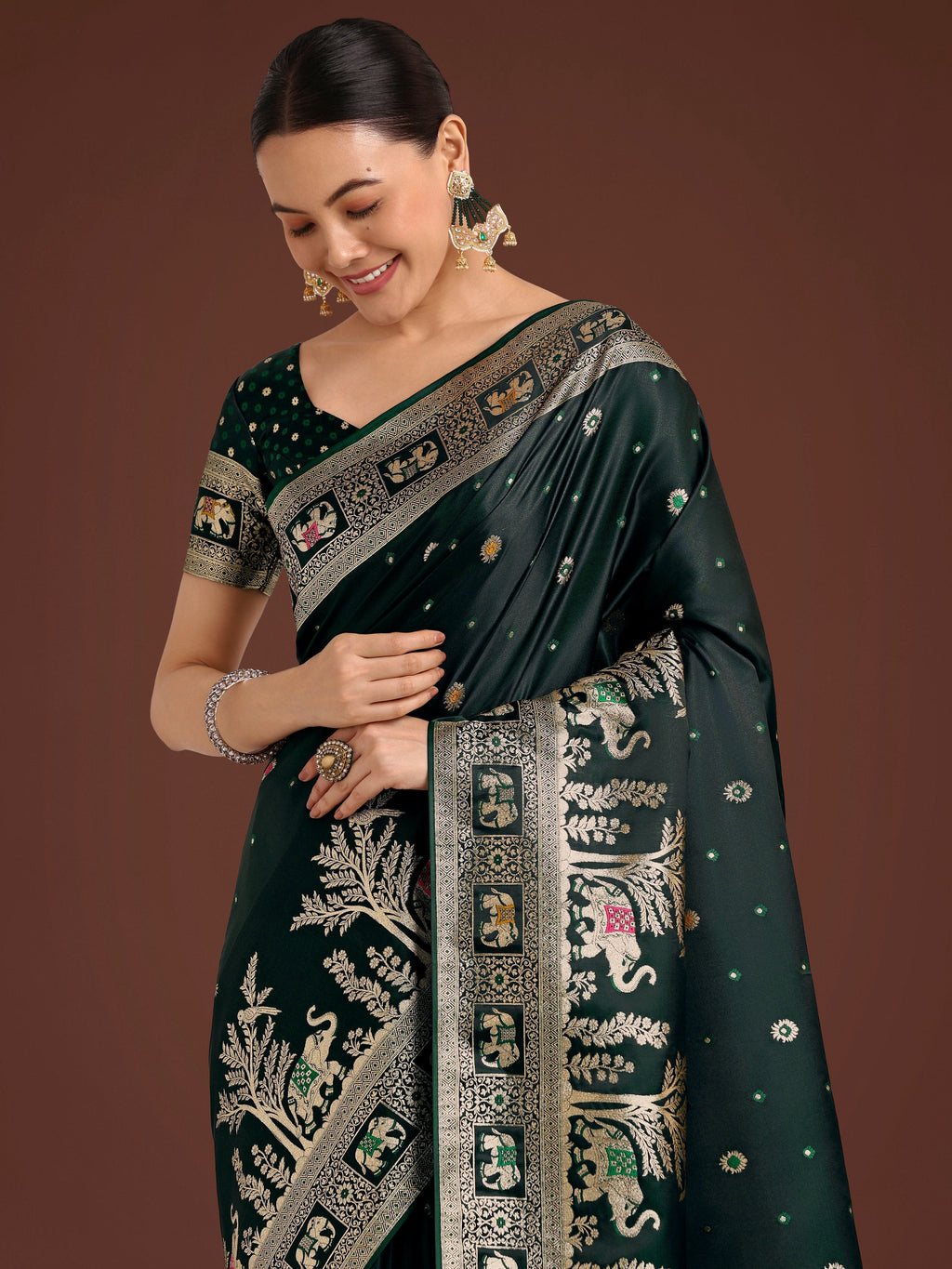 Monjolika Fashion Gorgeous Dark Green Woven Banarasi Designer Satin Silk Saree | Grocsy