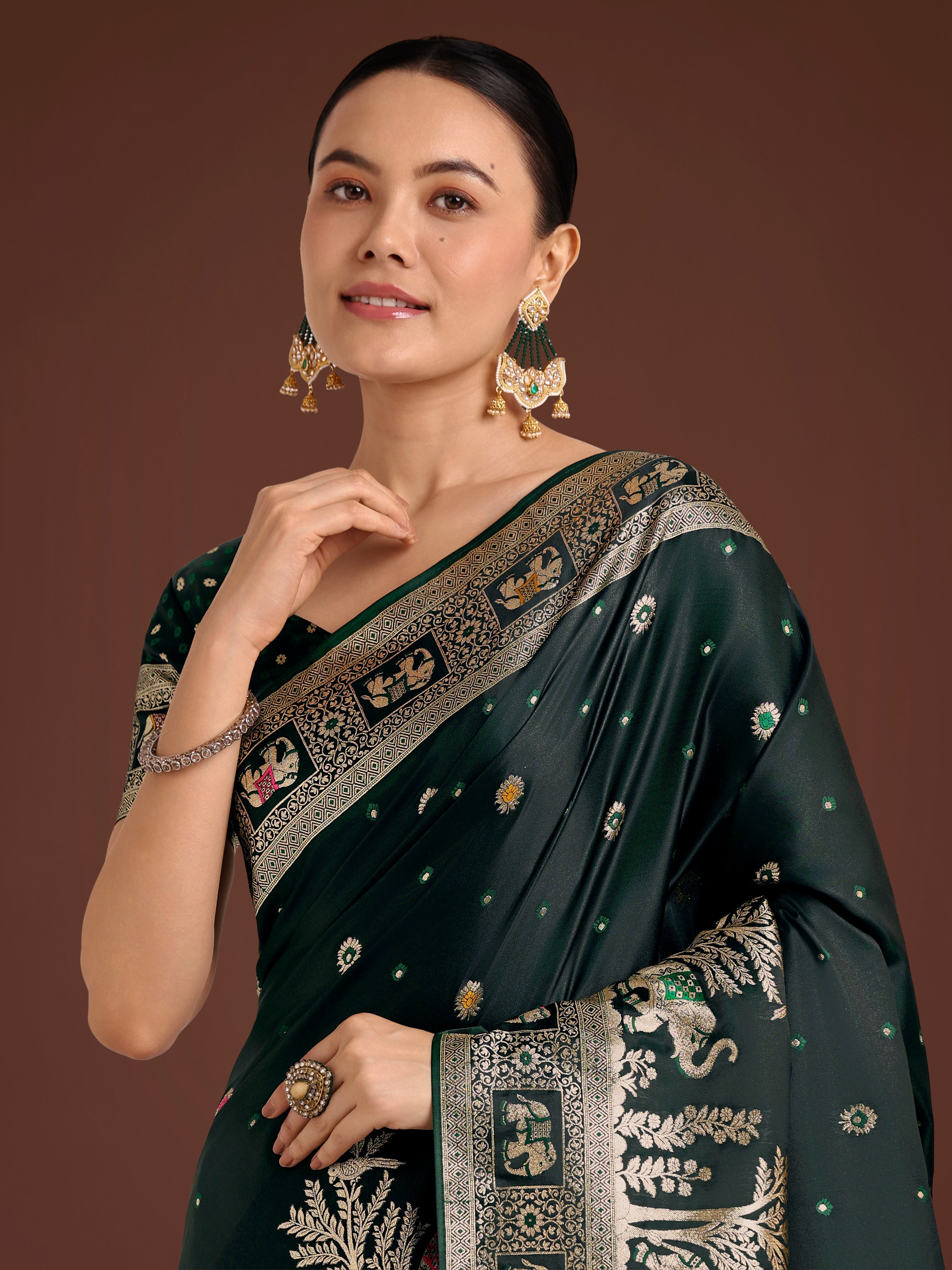 Monjolika Fashion Gorgeous Dark Green Woven Banarasi Designer Satin Silk Saree | Grocsy