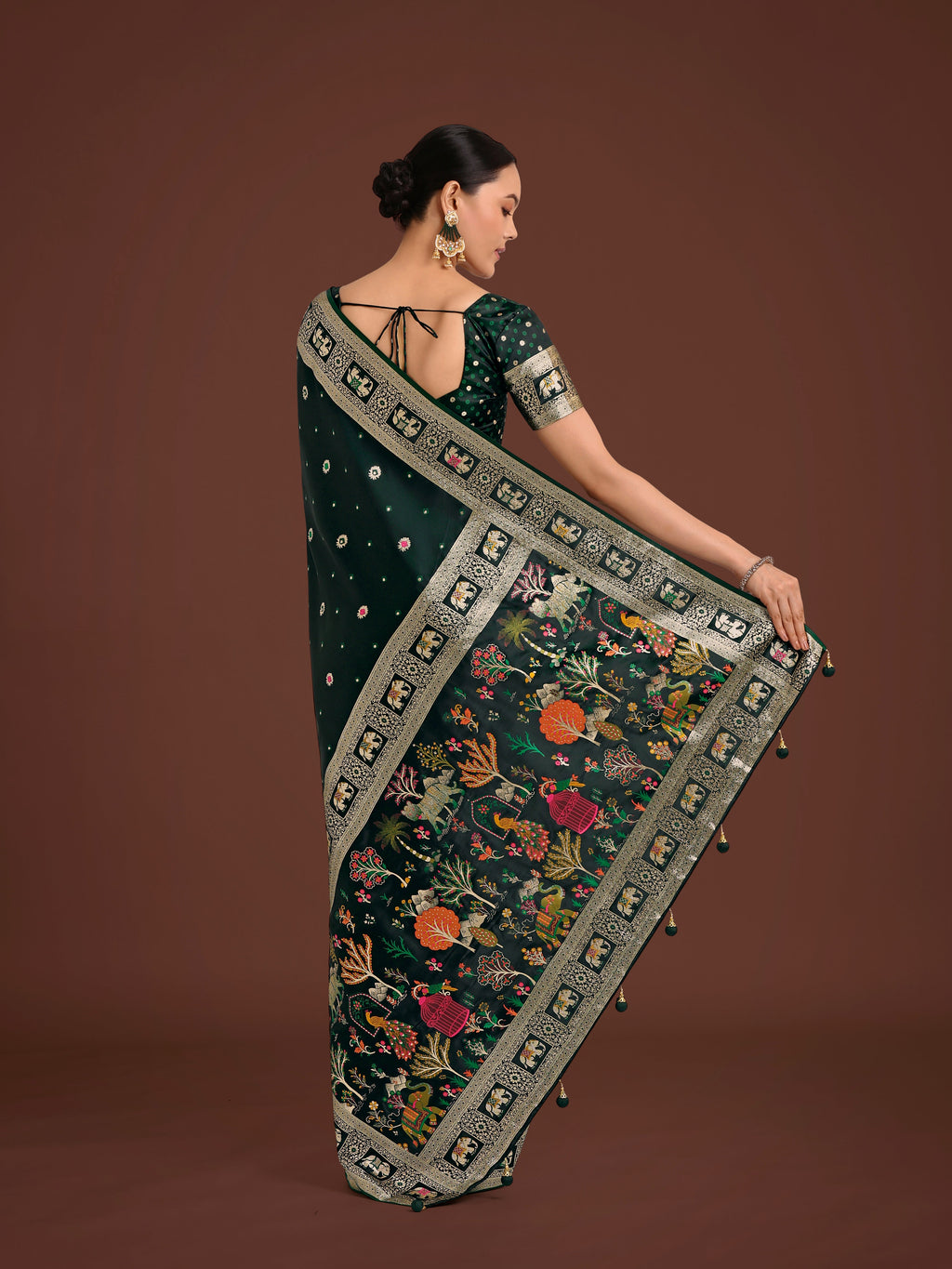 Monjolika Fashion Gorgeous Dark Green Woven Banarasi Designer Satin Silk Saree | Grocsy