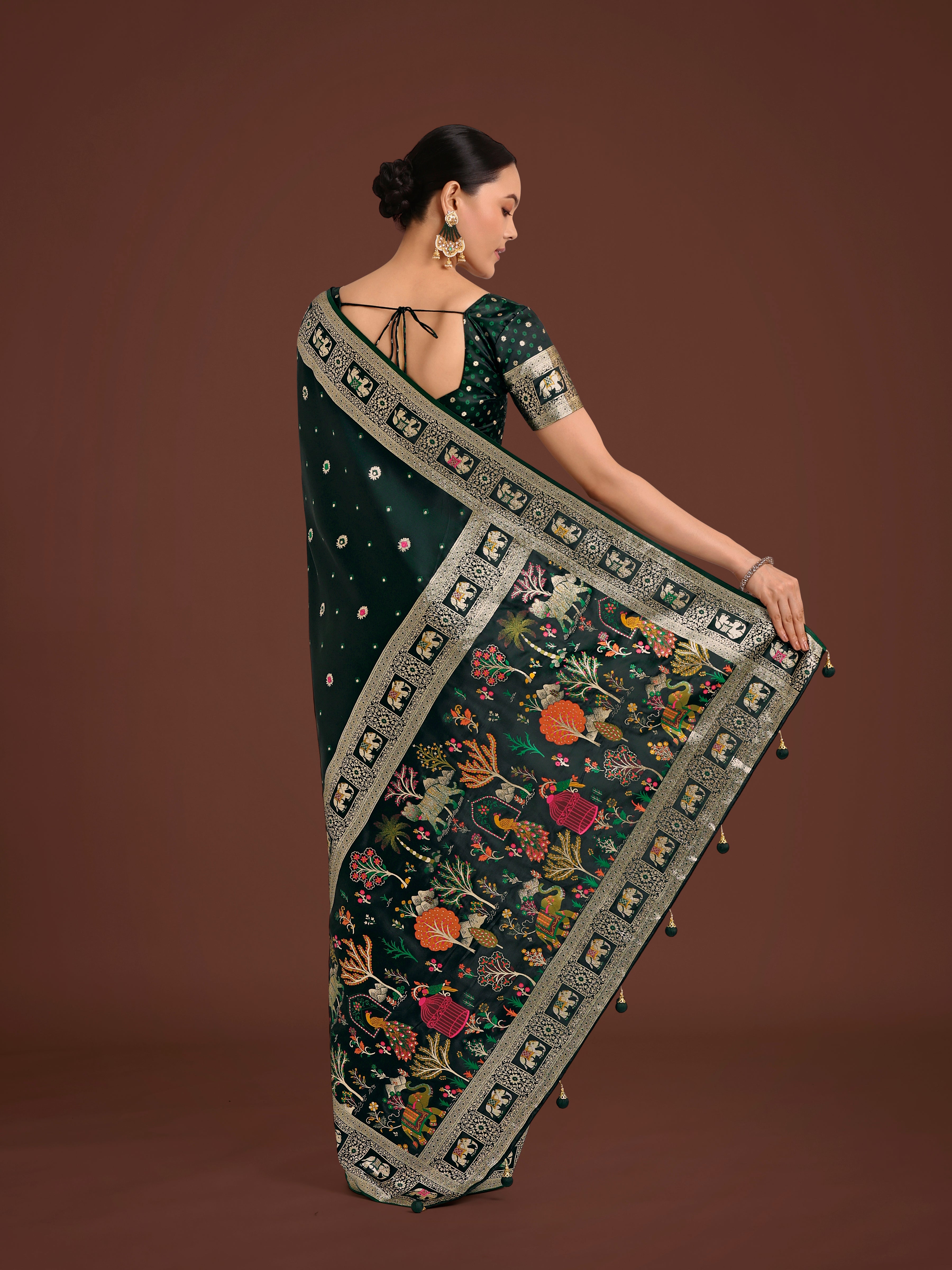 Monjolika Fashion Gorgeous Dark Green Woven Banarasi Designer Satin Silk Saree | Grocsy