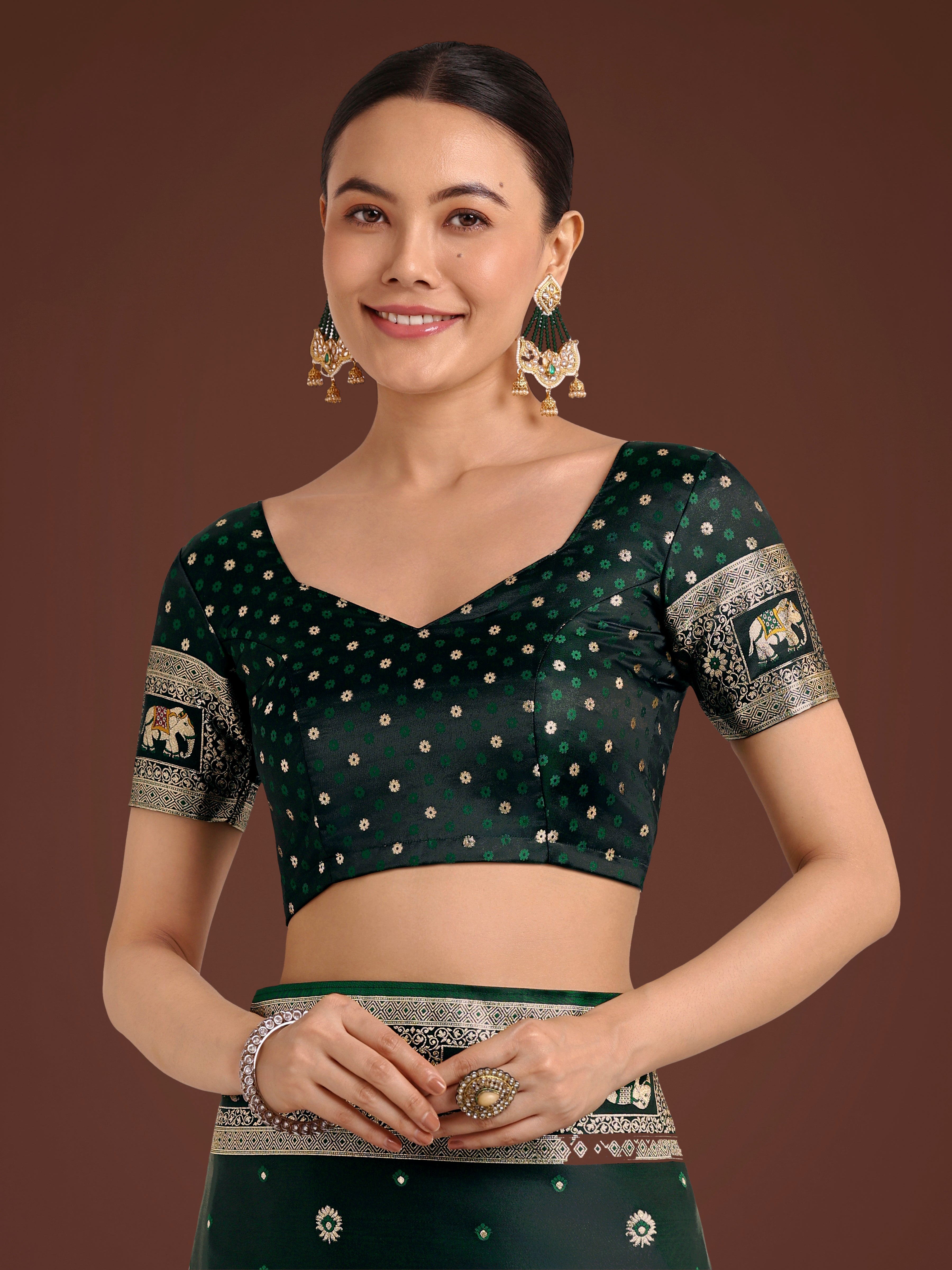 Monjolika Fashion Gorgeous Dark Green Woven Banarasi Designer Satin Silk Saree | Grocsy