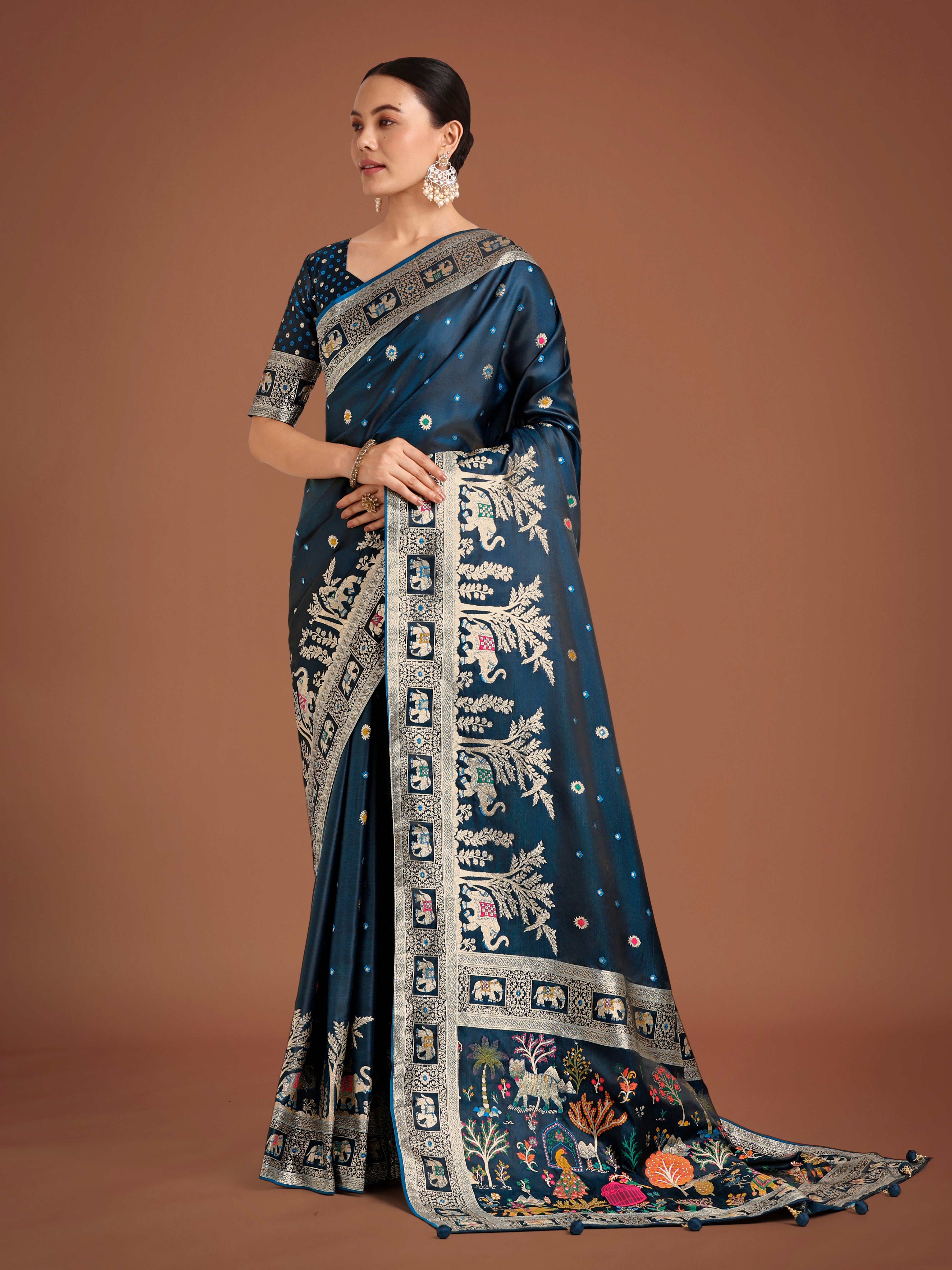 Monjolika Fashion Gorgeous Dark Teal Woven Banarasi Designer Satin Silk Saree | Grocsy